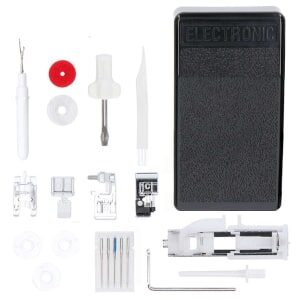 Selected included Janome Sewist 725S feet, tools and foot control