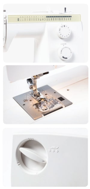 Janome Sewist 725S stitch controls, bobbin and reverse lever