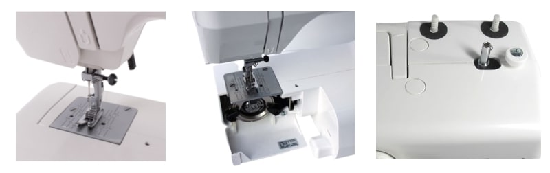 Front-loading Elna sewing-machine features: presser foot, bobbin access and spool pins