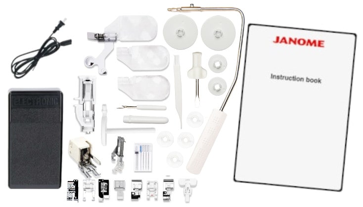 Janome 5300QDC supplied feet, knee lift, magnifiers and sewing accessories